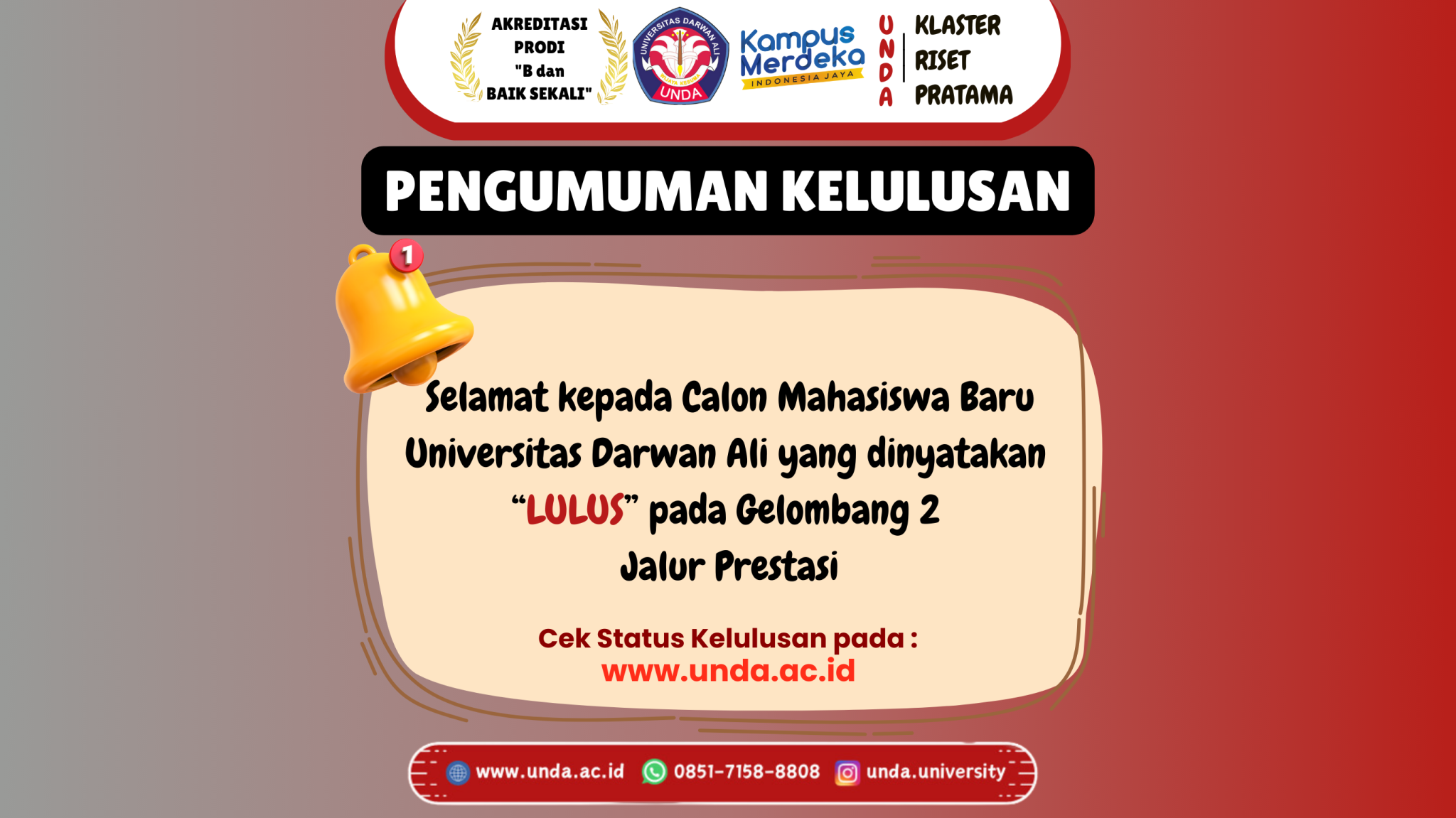 Pengumuman Kelulusan Mahasiswa Baru Universitas Darwan Ali Jalur Prestasi Gelombang 2 Tahun 2025