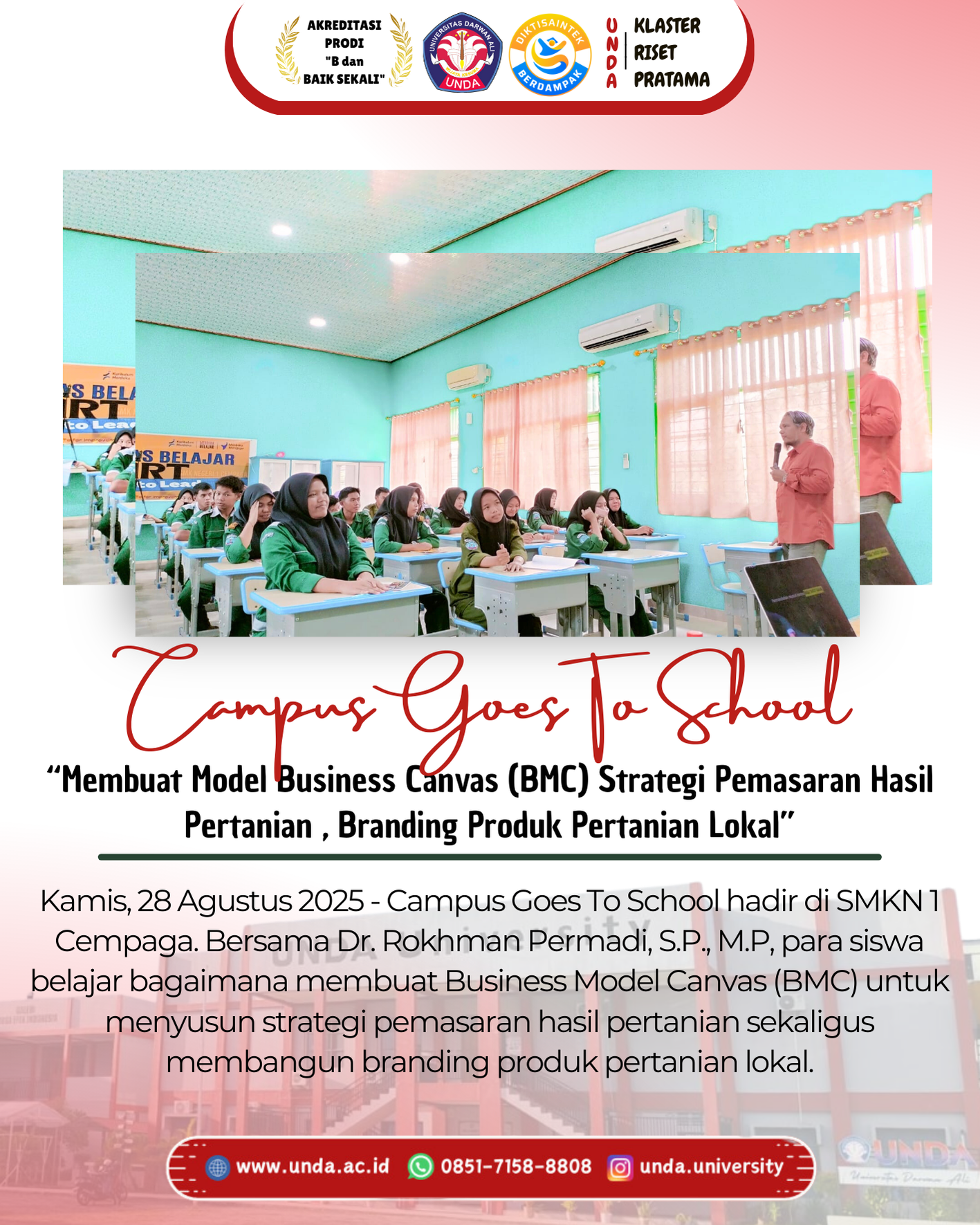 Campus Goes To School di SMKN 1 Cempaga: Mahasiswa Belajar Business Model Canvas (BMC) untuk Strategi Pemasaran Hasil Pertanian