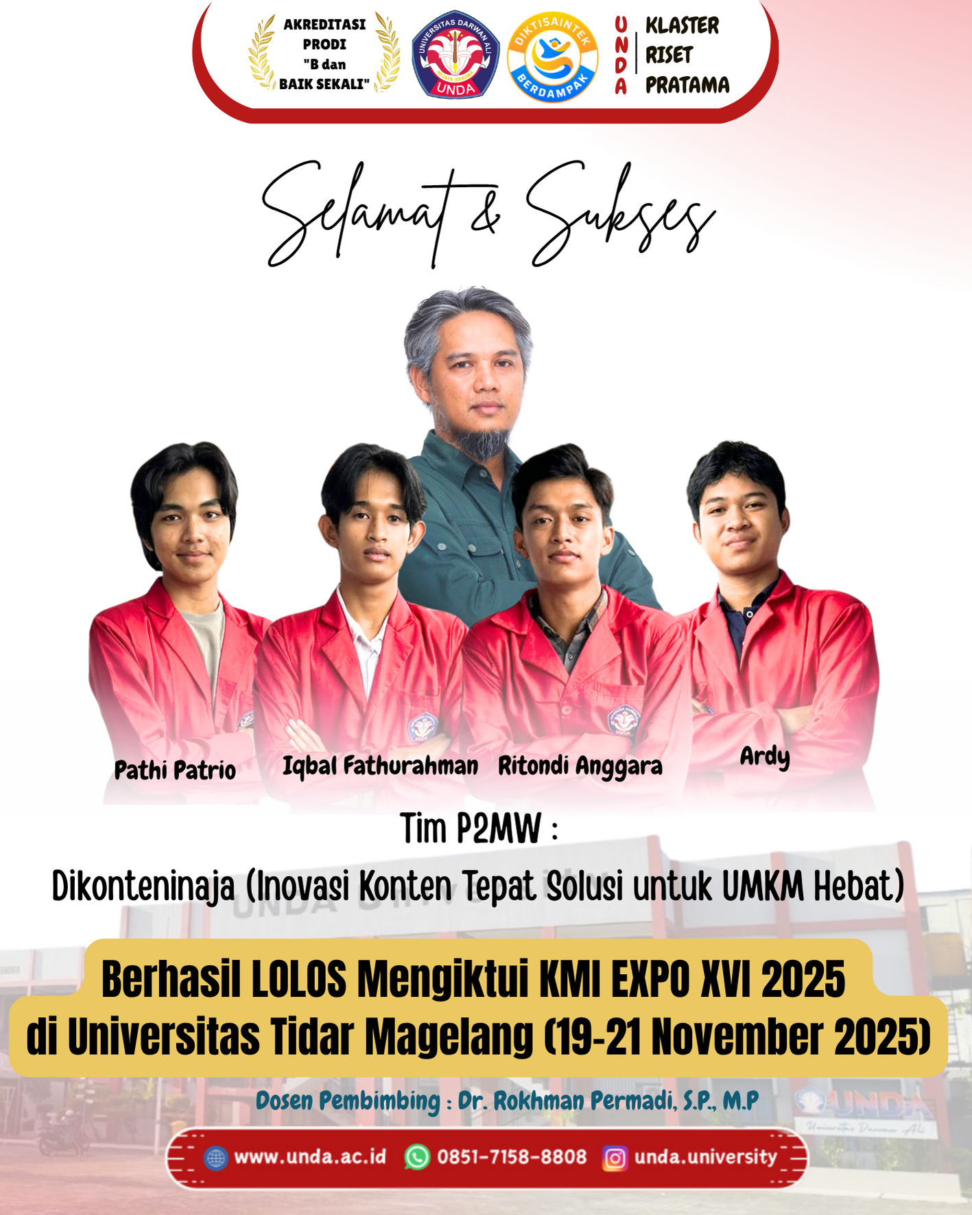 Tim P2MW Universitas Darwan Ali Lolos KMI Expo XVI 2025 di Universitas Tidar Magelang