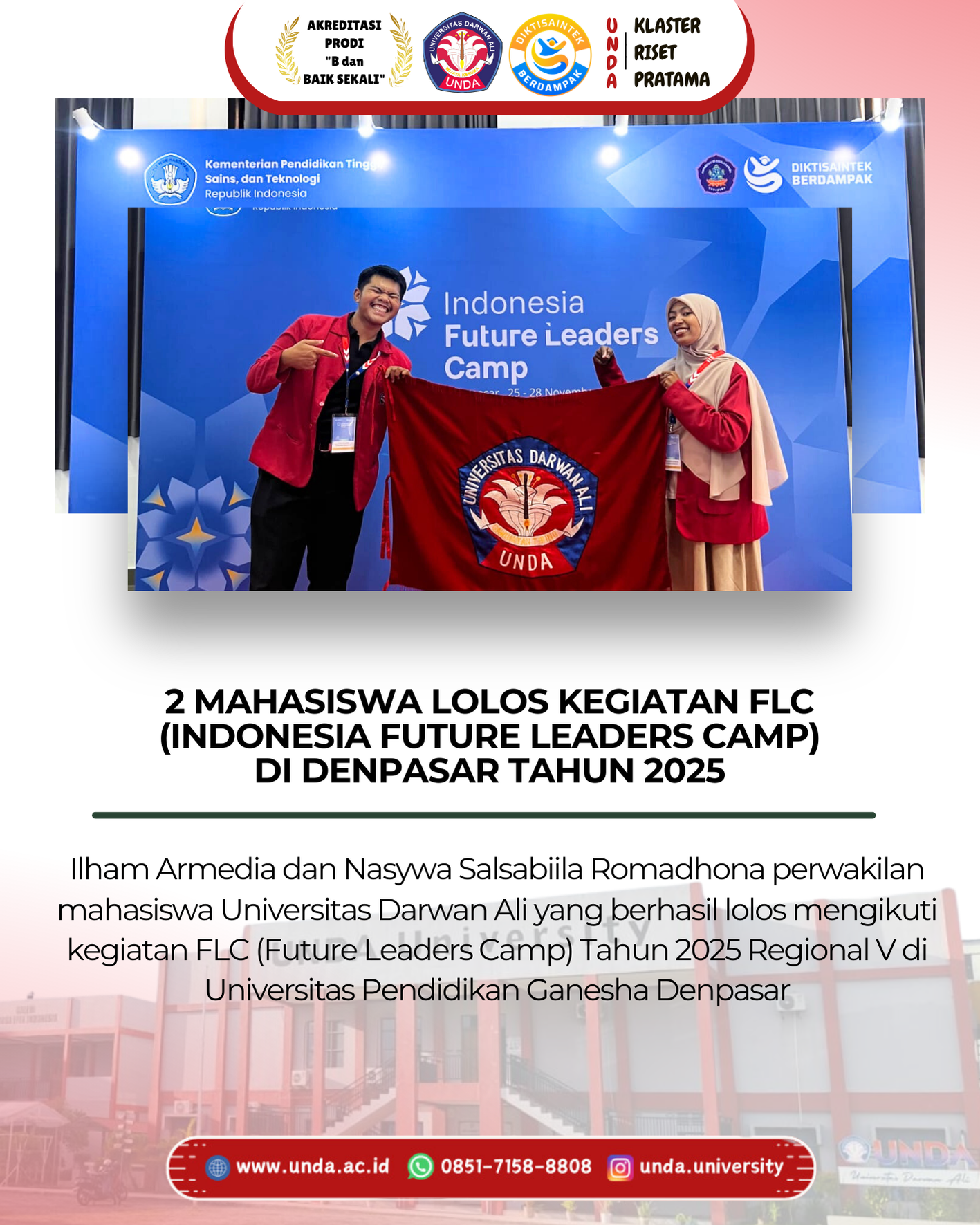 Dua Mahasiswa UNDA Lolos Kegiatan Indonesia Future Leaders Camp (FLC) 2025 di Denpasar