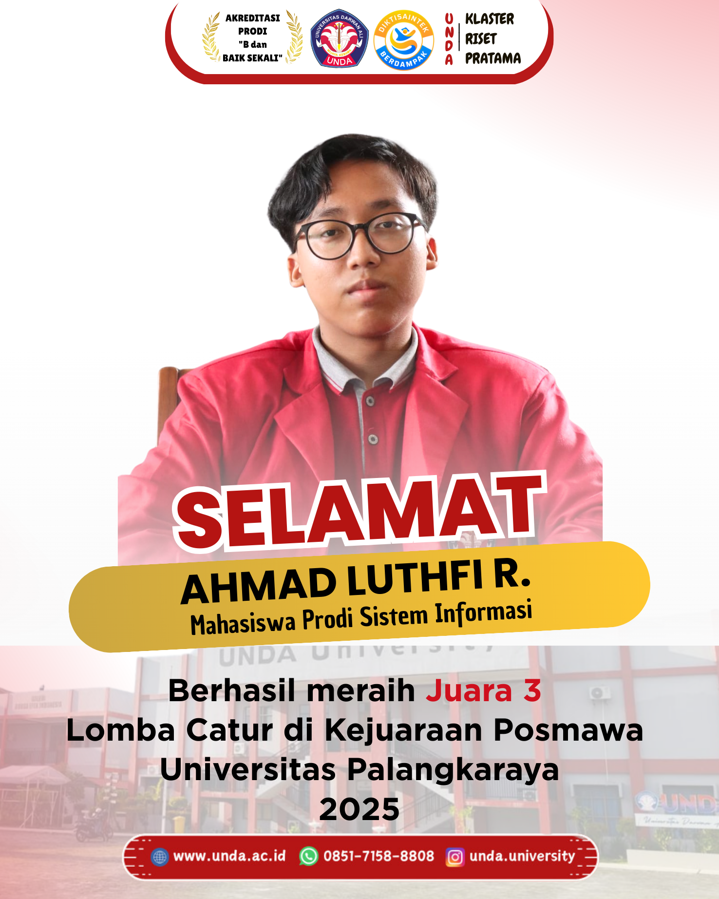 Mahasiswa Sistem Informasi UNDA Raih Juara 3 Lomba Catur Posmawa Universitas Palangkaraya 2025