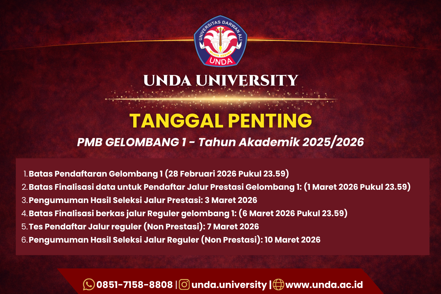 📢 Tanggal Penting PMB Gelombang 1 Universitas Darwan Ali Tahun Akademik 2026/2027