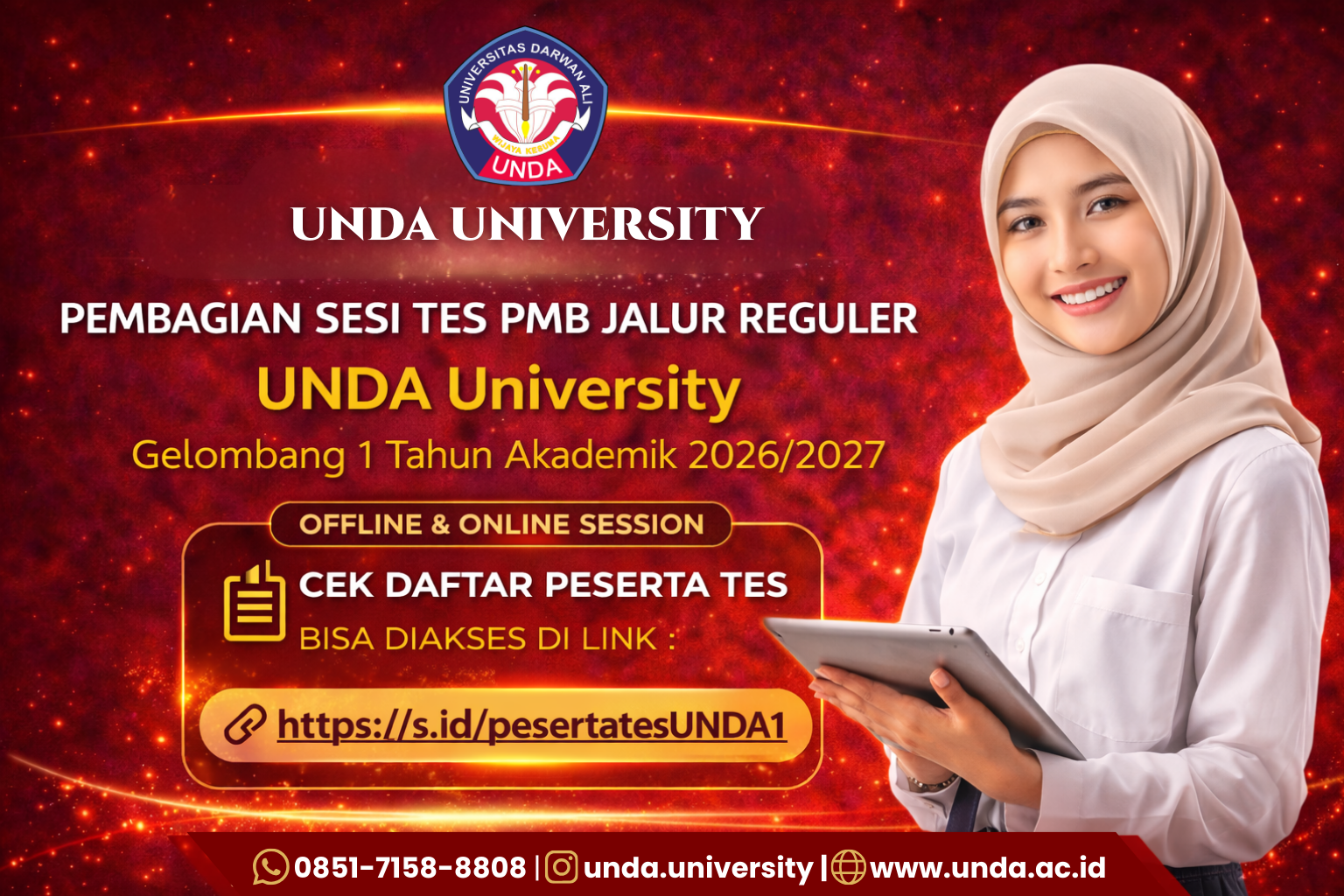 Pembagian Sesi Peserta Tes PMB Jalur Reguler UNDA Gelombang 1 Tahun Akademik 2026/2027