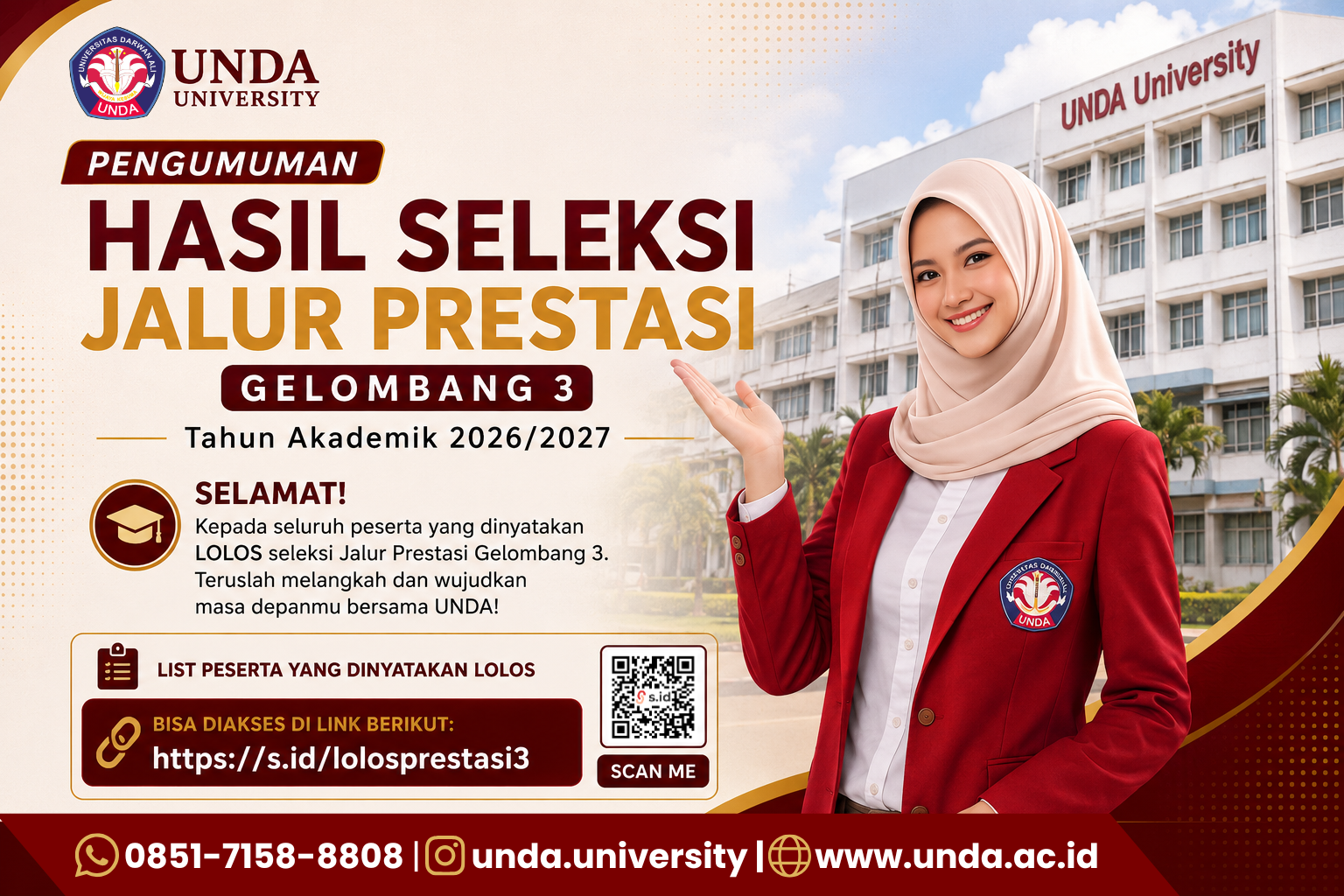 PENGUMUMAN HASIL SELEKSI JALUR PRESTASI GELOMBANG 3 PMB UNIVERSITAS DARWAN ALI (UNDA) TAHUN AKADEMIK 2026/2027